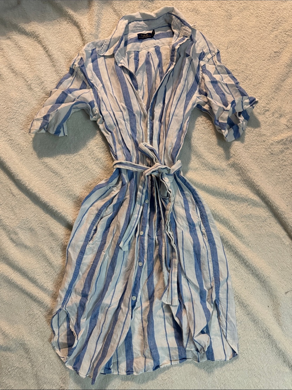 Polo Ralph Lauren 100% Linen Striped Light Blue Midi Shirt Dress with Tie Waist